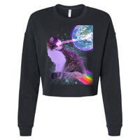 Space Cat Shooting Lazer Into Moon Cropped Pullover Crew