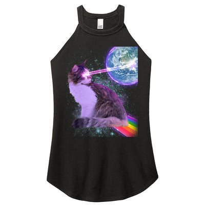Space Cat Shooting Lazer Into Moon Women's Perfect Tri Rocker Tank