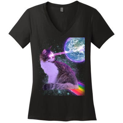 Space Cat Shooting Lazer Into Moon Women's V-Neck T-Shirt
