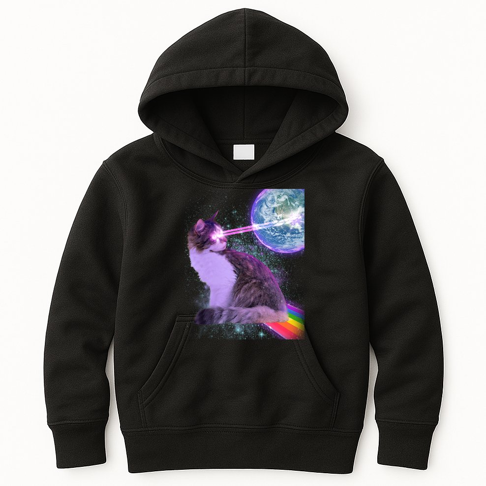 Space Cat Shooting Lazer Into Moon Kids Hoodie