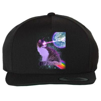 Space Cat Shooting Lazer Into Moon Wool Snapback Cap