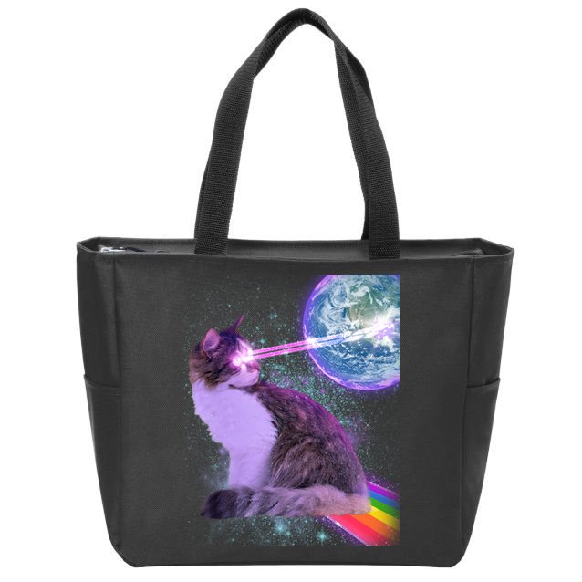 Space Cat Shooting Lazer Into Moon Zip Tote Bag