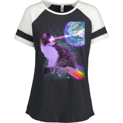 Space Cat Shooting Lazer Into Moon Enza Ladies Jersey Colorblock Tee