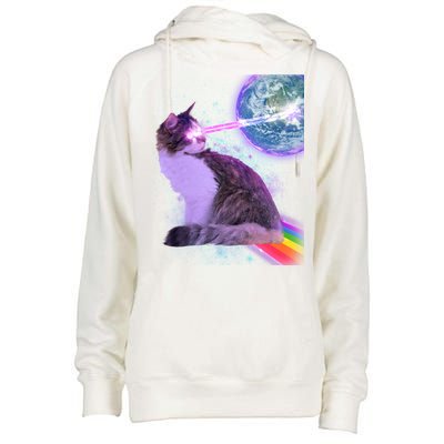 Space Cat Shooting Lazer Into Moon Womens Funnel Neck Pullover Hood