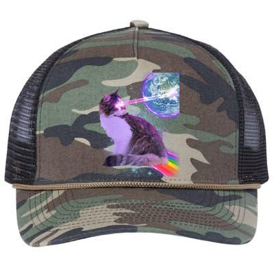 Space Cat Shooting Lazer Into Moon Retro Rope Trucker Hat Cap