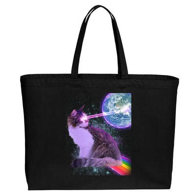 Space Cat Shooting Lazer Into Moon Cotton Canvas Jumbo Tote