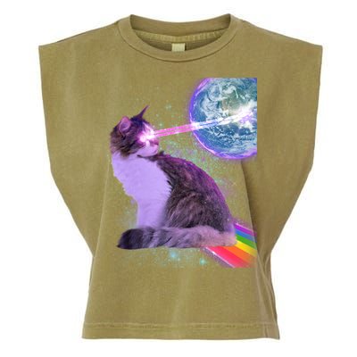 Space Cat Shooting Lazer Into Moon Garment-Dyed Women's Muscle Tee