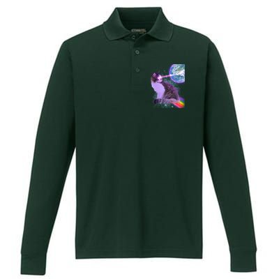 Space Cat Shooting Lazer Into Moon Performance Long Sleeve Polo