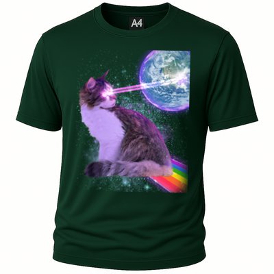 Space Cat Shooting Lazer Into Moon Performance Shirt