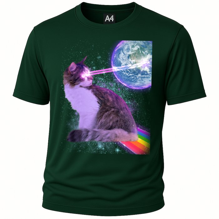 Space Cat Shooting Lazer Into Moon Performance Shirt