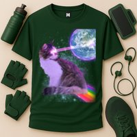Space Cat Shooting Lazer Into Moon Performance Shirt