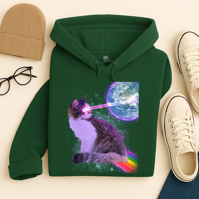 Space Cat Shooting Lazer Into Moon Hoodie