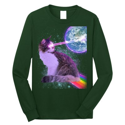 Space Cat Shooting Lazer Into Moon Long Sleeve Shirt