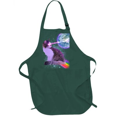 Space Cat Shooting Lazer Into Moon Full-Length Apron With Pockets