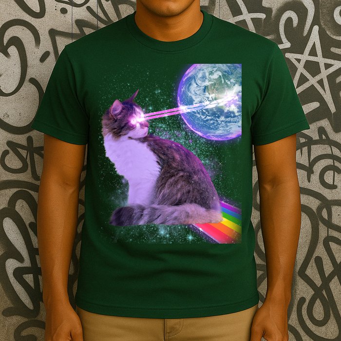 Space Cat Shooting Lazer Into Moon T-Shirt