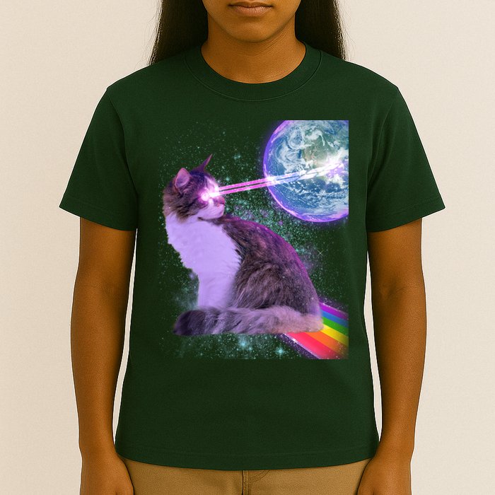 Space Cat Shooting Lazer Into Moon T-Shirt