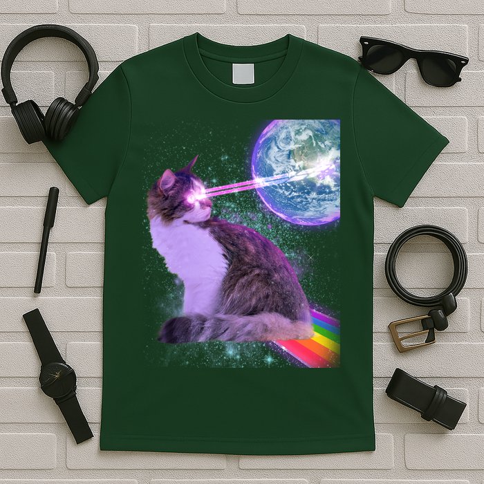 Space Cat Shooting Lazer Into Moon T-Shirt