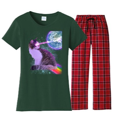 Space Cat Shooting Lazer Into Moon Women's Flannel Pajama Set