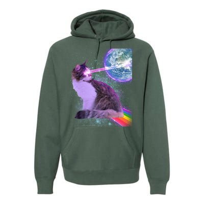 Space Cat Shooting Lazer Into Moon Premium Hoodie