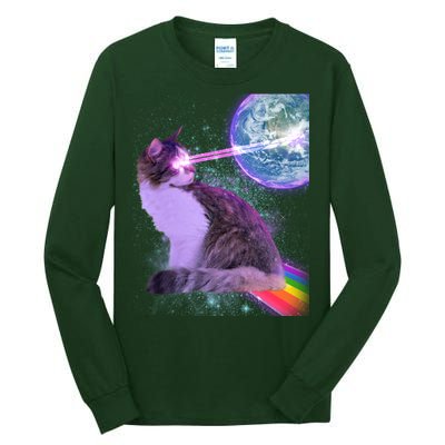 Space Cat Shooting Lazer Into Moon Tall Long Sleeve T-Shirt