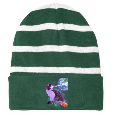 Space Cat Shooting Lazer Into Moon Striped Beanie with Solid Band