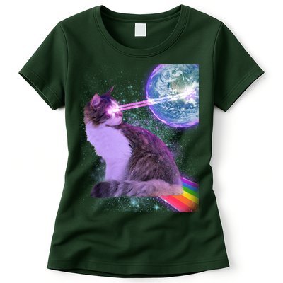 Space Cat Shooting Lazer Into Moon Womens T-Shirt