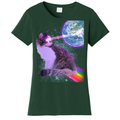 Space Cat Shooting Lazer Into Moon Women's T-Shirt