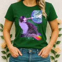 Space Cat Shooting Lazer Into Moon Womens T-Shirt