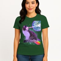Space Cat Shooting Lazer Into Moon Womens T-Shirt