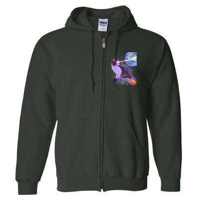 Space Cat Shooting Lazer Into Moon Full Zip Hoodie
