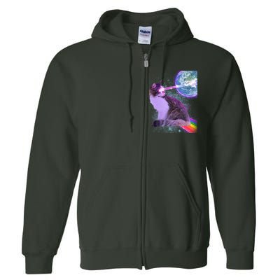 Space Cat Shooting Lazer Into Moon Full Zip Hoodie