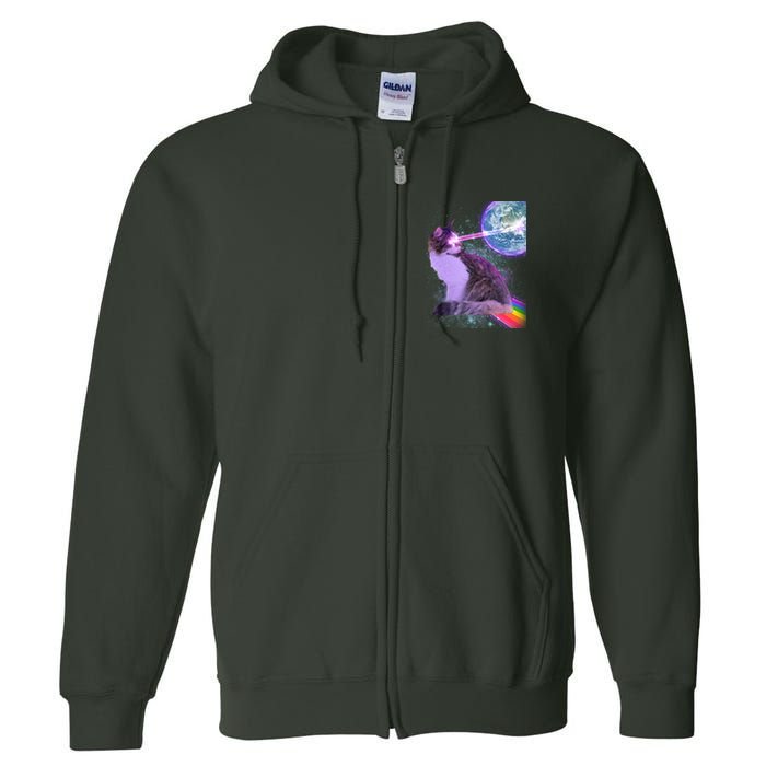 Space Cat Shooting Lazer Into Moon Full Zip Hoodie
