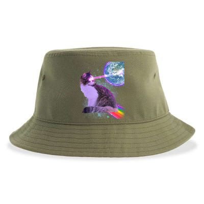 Space Cat Shooting Lazer Into Moon Sustainable Bucket Hat