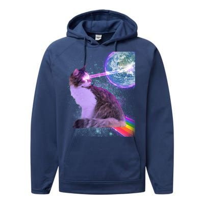 Space Cat Shooting Lazer Into Moon Performance Fleece Hoodie