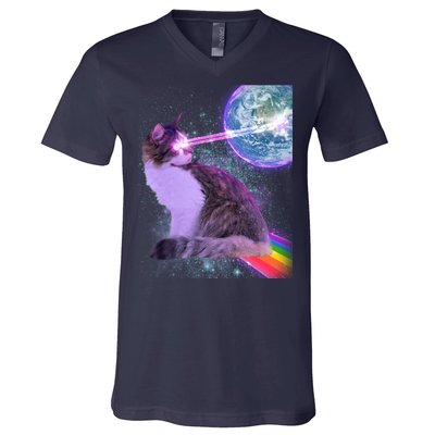 Space Cat Shooting Lazer Into Moon V-Neck T-Shirt