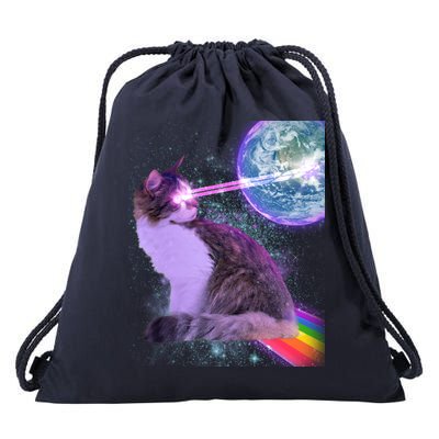 Space Cat Shooting Lazer Into Moon Drawstring Bag