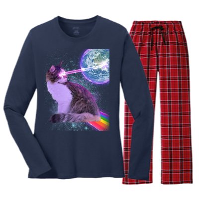 Space Cat Shooting Lazer Into Moon Women's Long Sleeve Flannel Pajama Set 