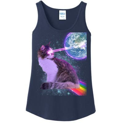 Space Cat Shooting Lazer Into Moon Ladies Essential Tank