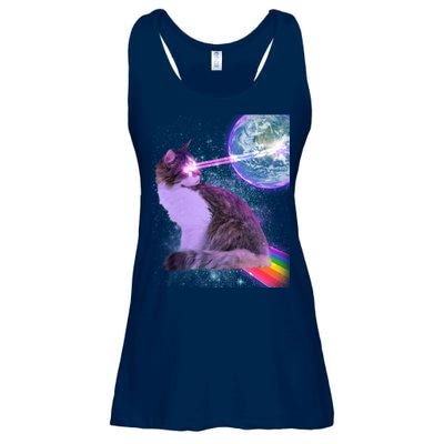 Space Cat Shooting Lazer Into Moon Ladies Essential Flowy Tank