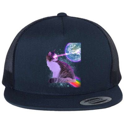 Space Cat Shooting Lazer Into Moon Flat Bill Trucker Hat