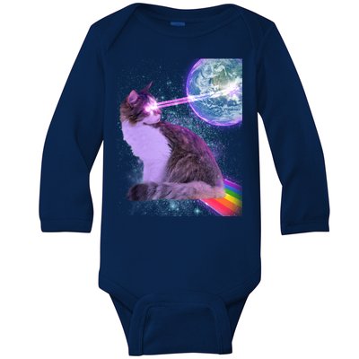 Space Cat Shooting Lazer Into Moon Baby Long Sleeve Bodysuit