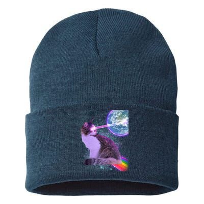 Space Cat Shooting Lazer Into Moon Sustainable Knit Beanie