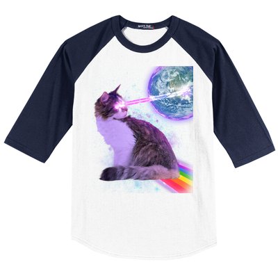 Space Cat Shooting Lazer Into Moon Baseball Sleeve Shirt