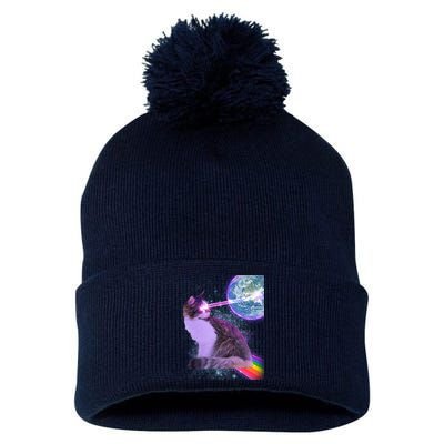 Space Cat Shooting Lazer Into Moon Pom Pom 12in Knit Beanie