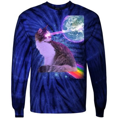 Space Cat Shooting Lazer Into Moon Tie-Dye Long Sleeve Shirt