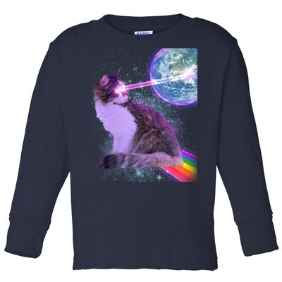 Space Cat Shooting Lazer Into Moon Toddler Long Sleeve Shirt