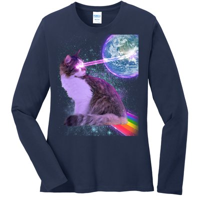 Space Cat Shooting Lazer Into Moon Ladies Long Sleeve Shirt