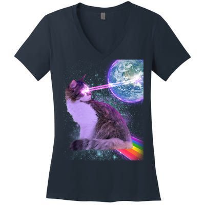 Space Cat Shooting Lazer Into Moon Women's V-Neck T-Shirt