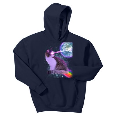 Space Cat Shooting Lazer Into Moon Kids Hoodie