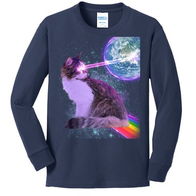 Space Cat Shooting Lazer Into Moon Kids Long Sleeve Shirt